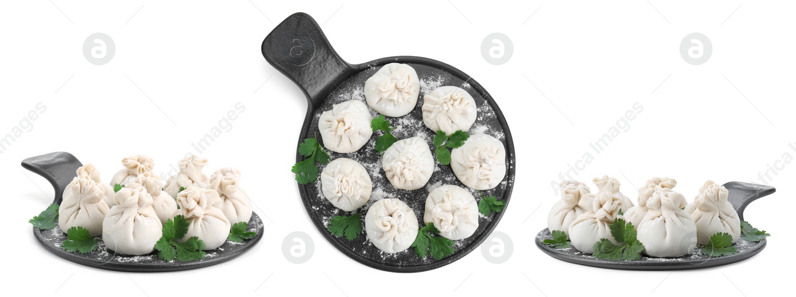 Image of Collage with uncooked khinkalis (dumplings) isolated on white, top and side views