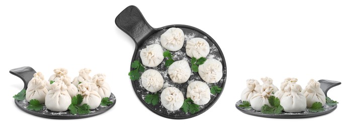 Image of Collage with uncooked khinkalis (dumplings) isolated on white, top and side views