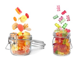 Different yummy candies falling into glass jars on white background