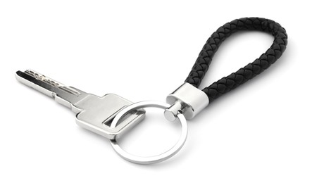 Photo of Key with black leather keychain isolated on white