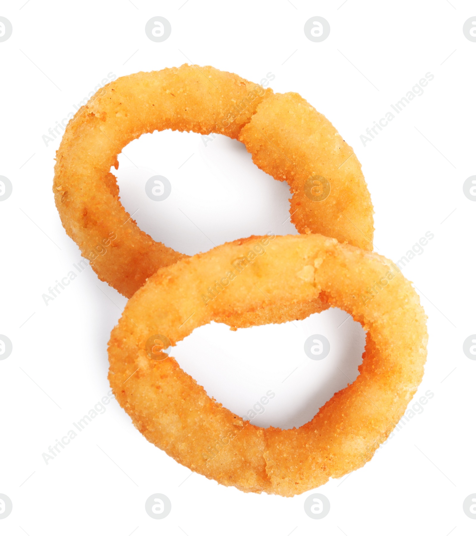 Photo of Delicious onion rings isolated on white, top view