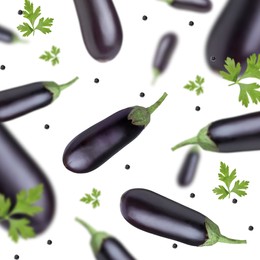 Image of Fresh whole eggplants, parsley and peppercorns falling on white background