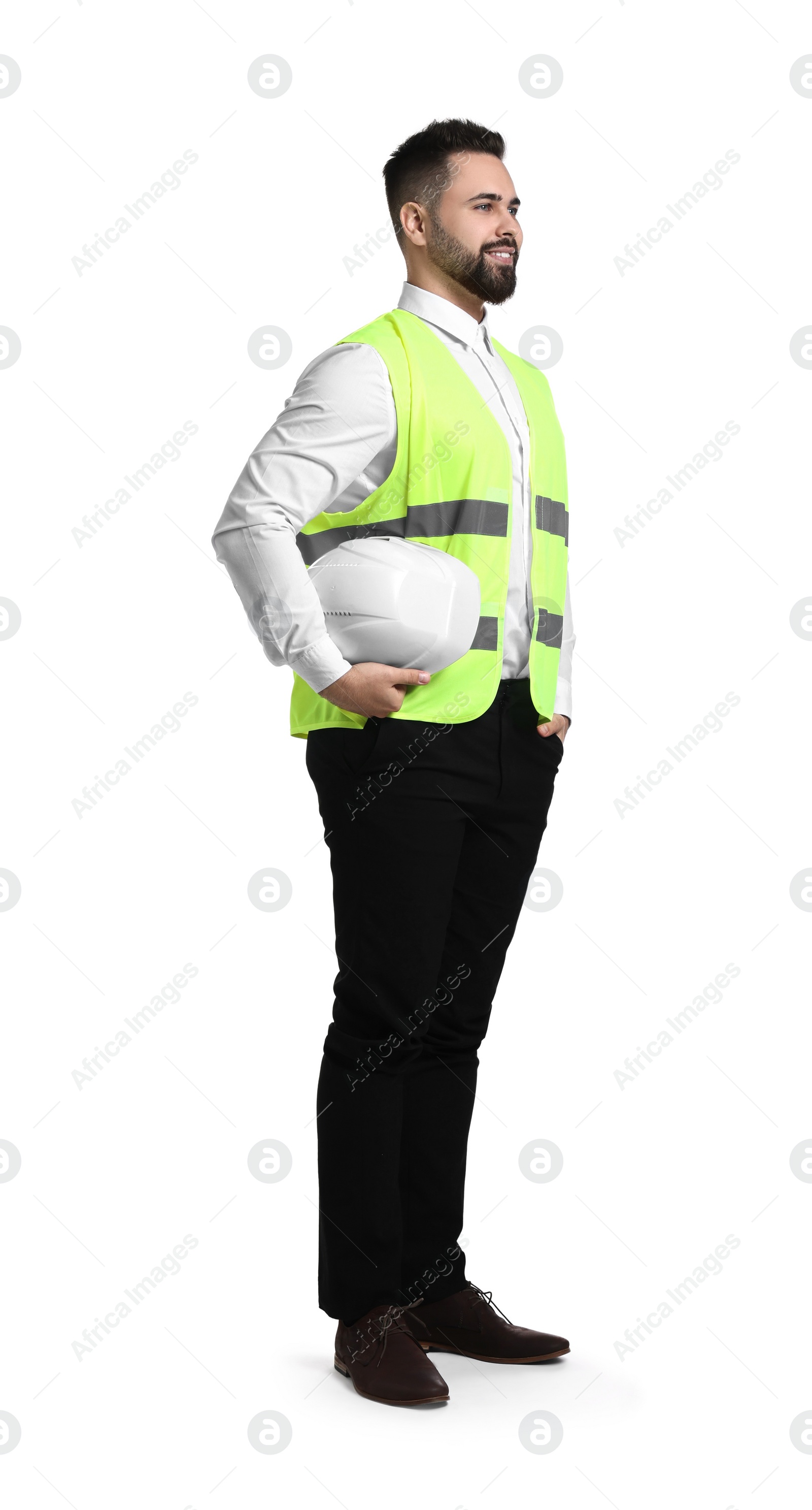 Photo of Engineer with hard hat on white background