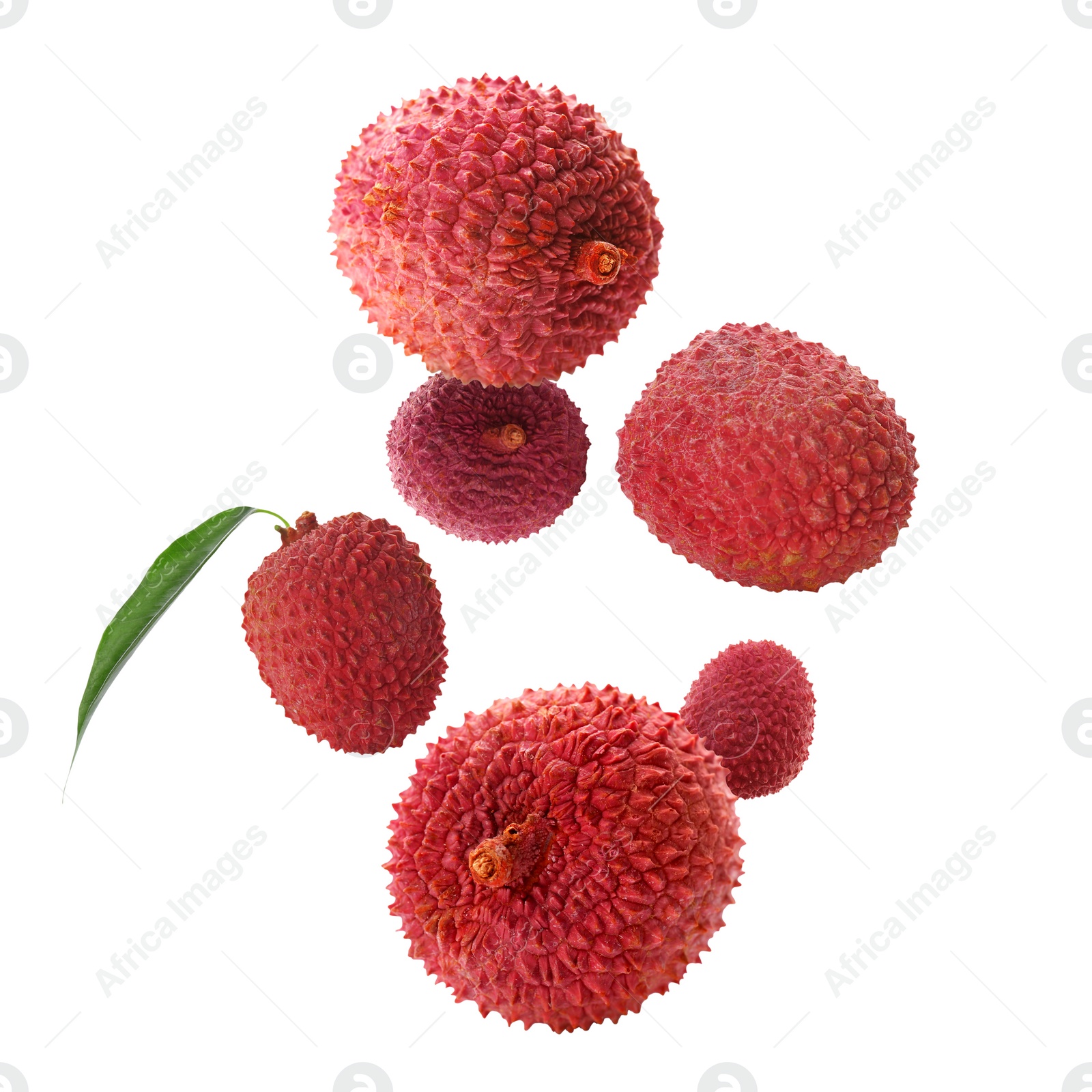 Image of Many lychees falling on white background. Exotic fruit