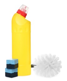Photo of Different toilet cleaning tools on white background