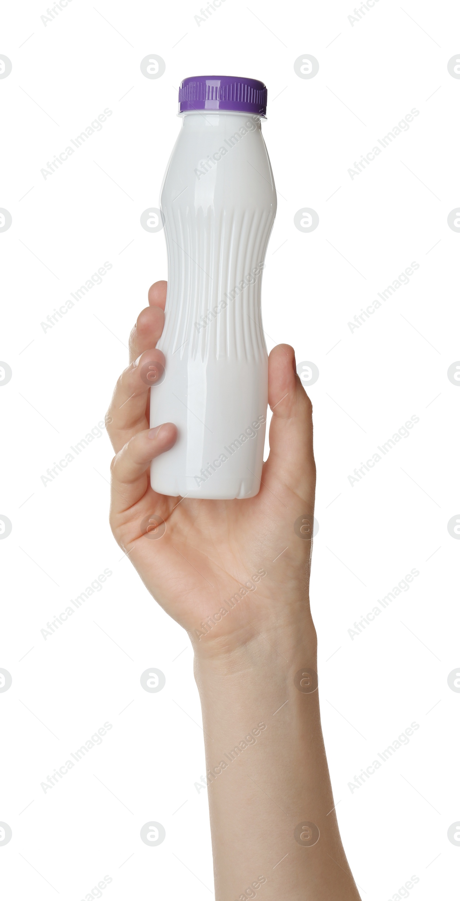 Photo of Woman holding plastic bottle on white background, closeup