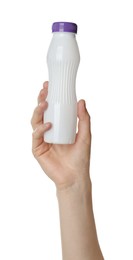 Photo of Woman holding plastic bottle on white background, closeup