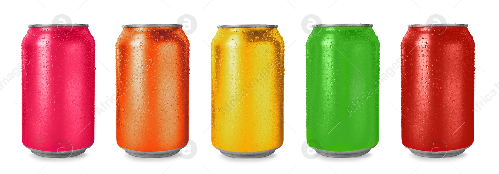 Image of Set with aluminium drink cans in different colors on white background. Banner design