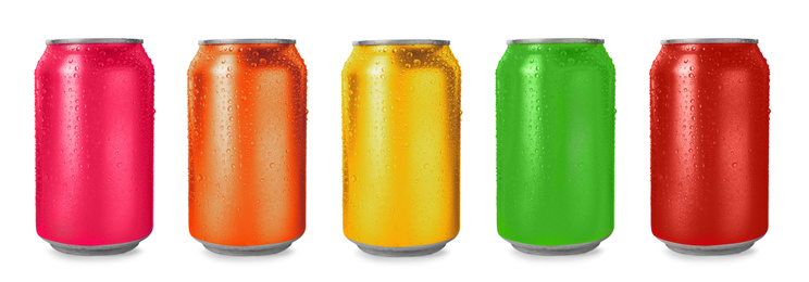 Image of Set with aluminium drink cans in different colors on white background. Banner design