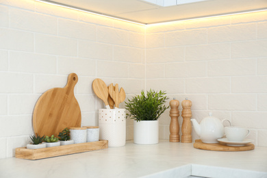 Photo of Kitchenware and houseplant on countertop in modern kitchen