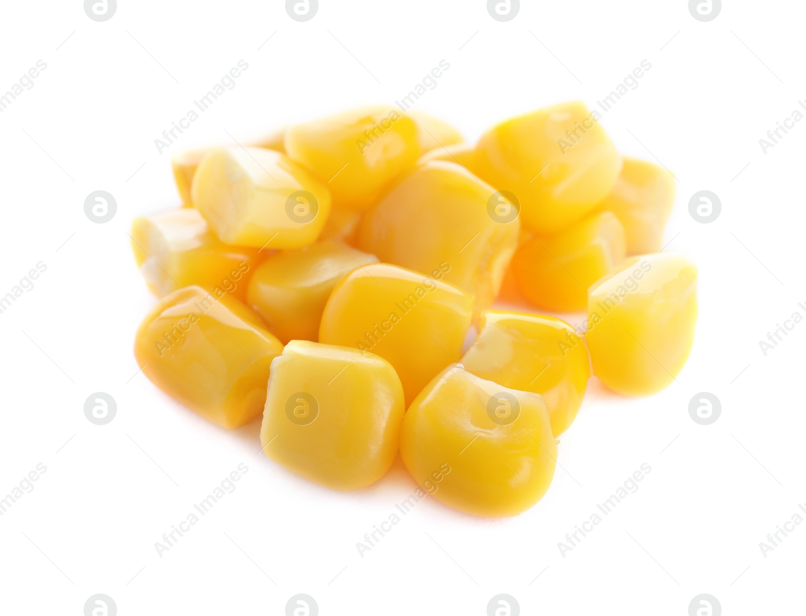 Photo of Pile of delicious canned corn isolated on white