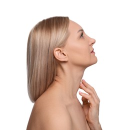 Photo of Beautiful woman touching her neck on white background