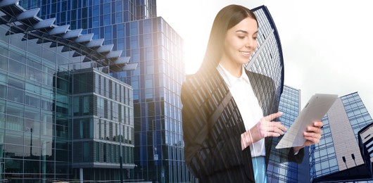 Double exposure of businesswoman and different buildings in city