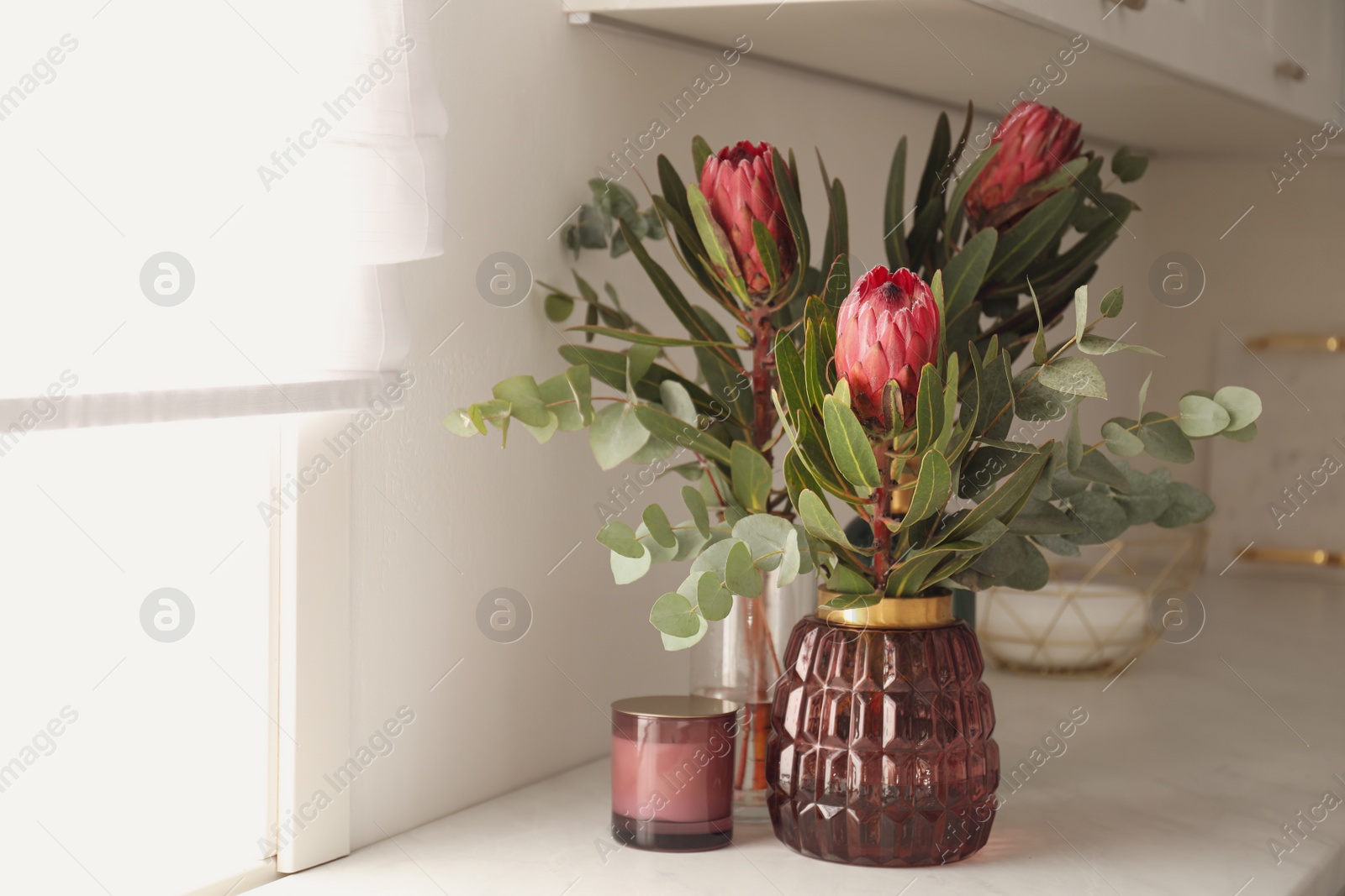 Photo of Beautiful protea flowers on countertop in kitchen. Interior design