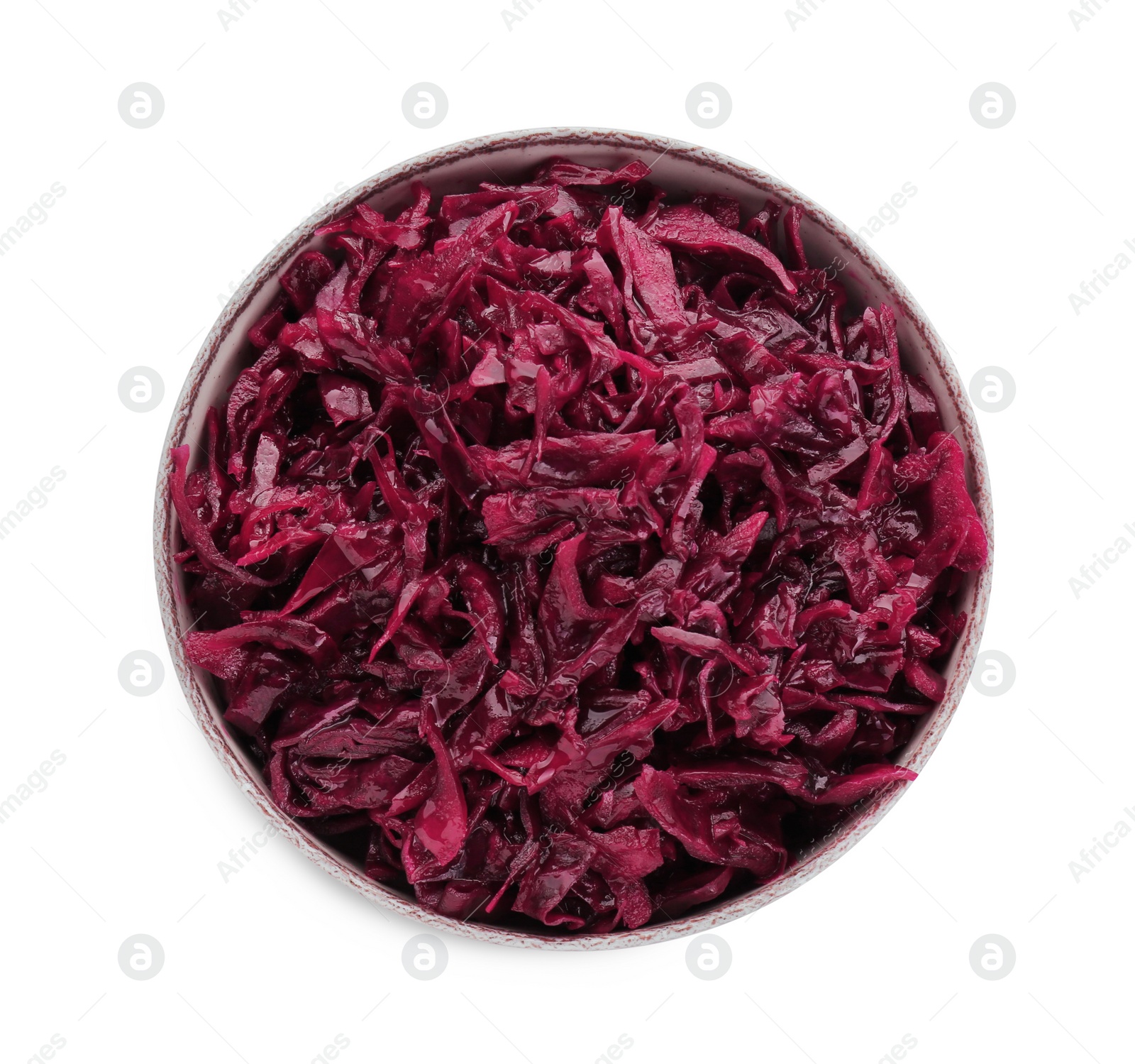 Photo of Bowl of tasty red cabbage sauerkraut isolated on white, top view