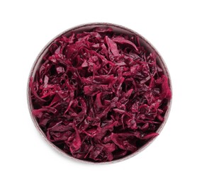 Photo of Bowl of tasty red cabbage sauerkraut isolated on white, top view