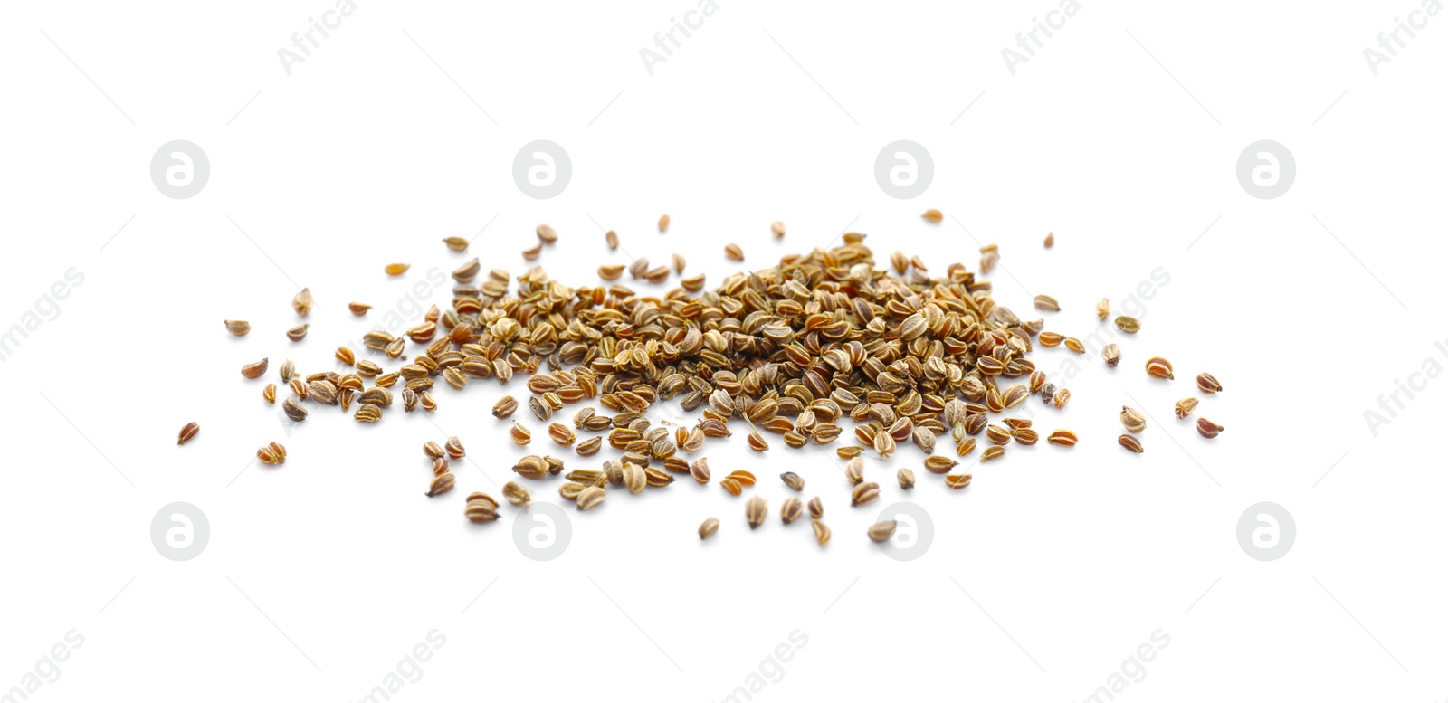 Photo of Pile of celery seeds isolated on white