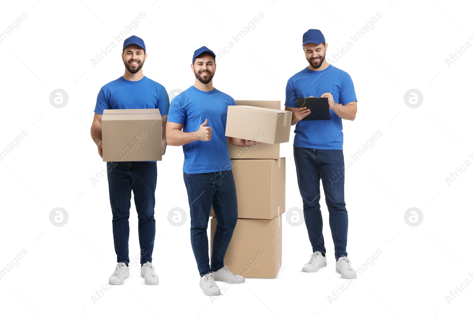 Image of Delivery service. Happy courier with cardboard boxes on white background, collage of photos