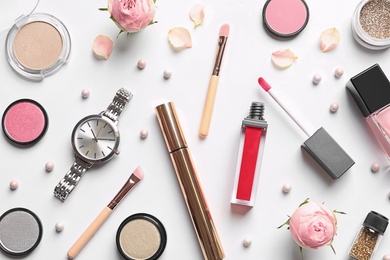 Photo of Beautiful composition with lipsticks on white background, flat lay