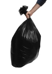 Photo of Man holding trash bag filled with garbage on white background, closeup