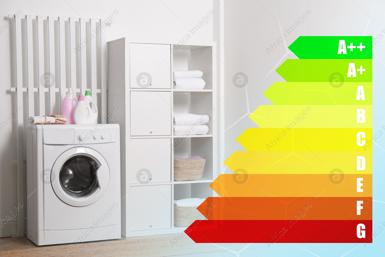 Image of Energy efficiency rating label, washing machine and shelving unit near white wall indoors