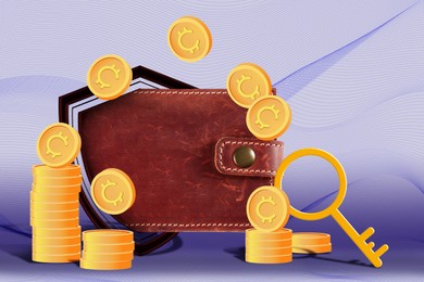Security of cryptocurrency. Wallet sticking out of shield shape hole, coins and key on color background