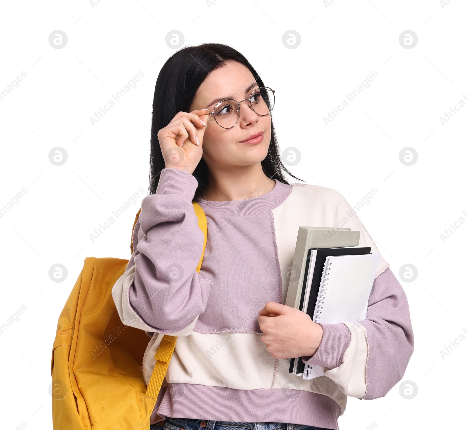 Photo of Student with notebooks and backpack on white background