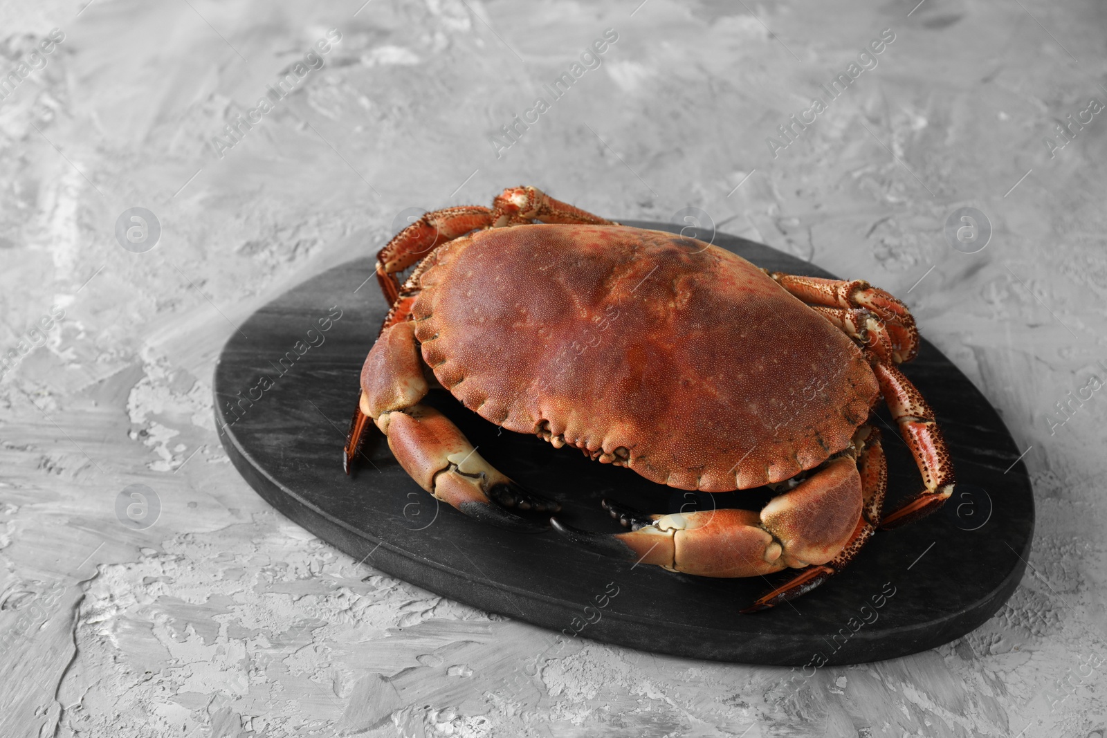 Photo of Delicious boiled crab on grey textured table, space for text
