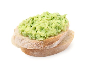 Photo of Delicious sandwich with guacamole on white background