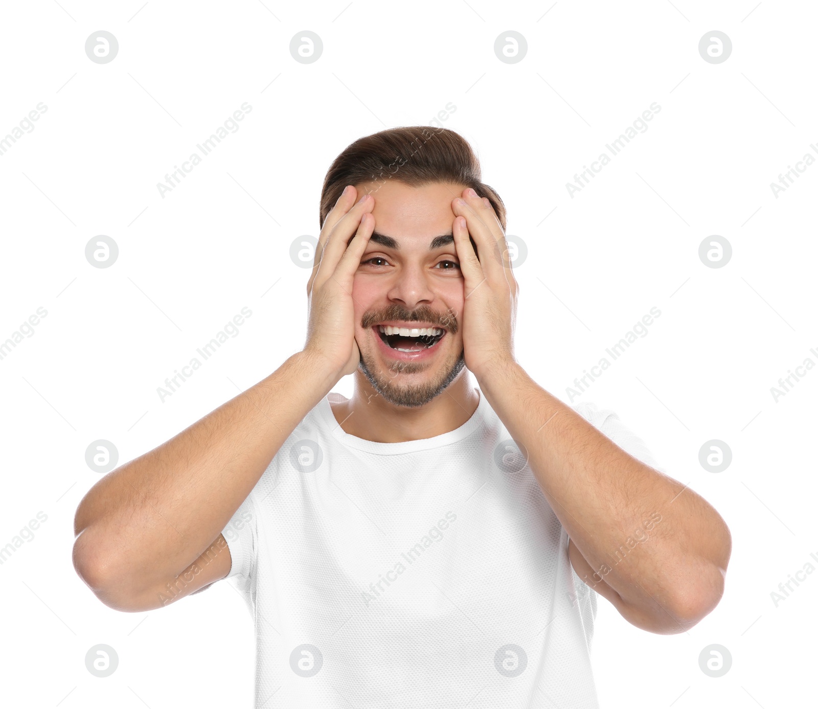 Photo of Portrait of young man on laughing white background