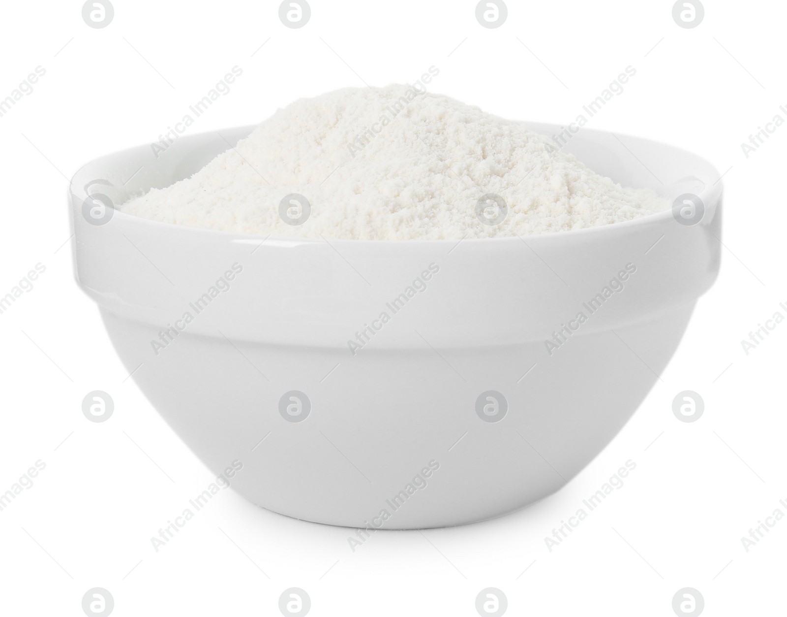 Photo of Baking powder in bowl isolated on white