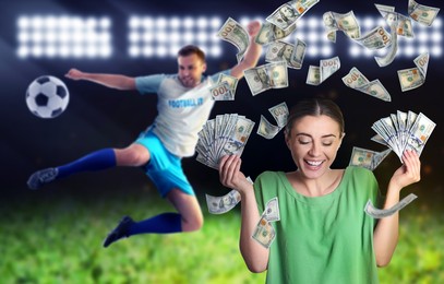Image of Sports betting. Happy woman with cash fans under money shower. Man playing football at stadium on background