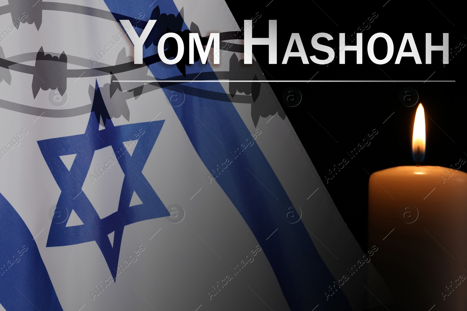 Image of Yom Hashoah. Burning candle and flag of Israel, double exposure