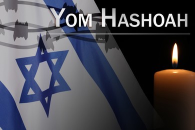 Image of Yom Hashoah. Burning candle and flag of Israel, double exposure