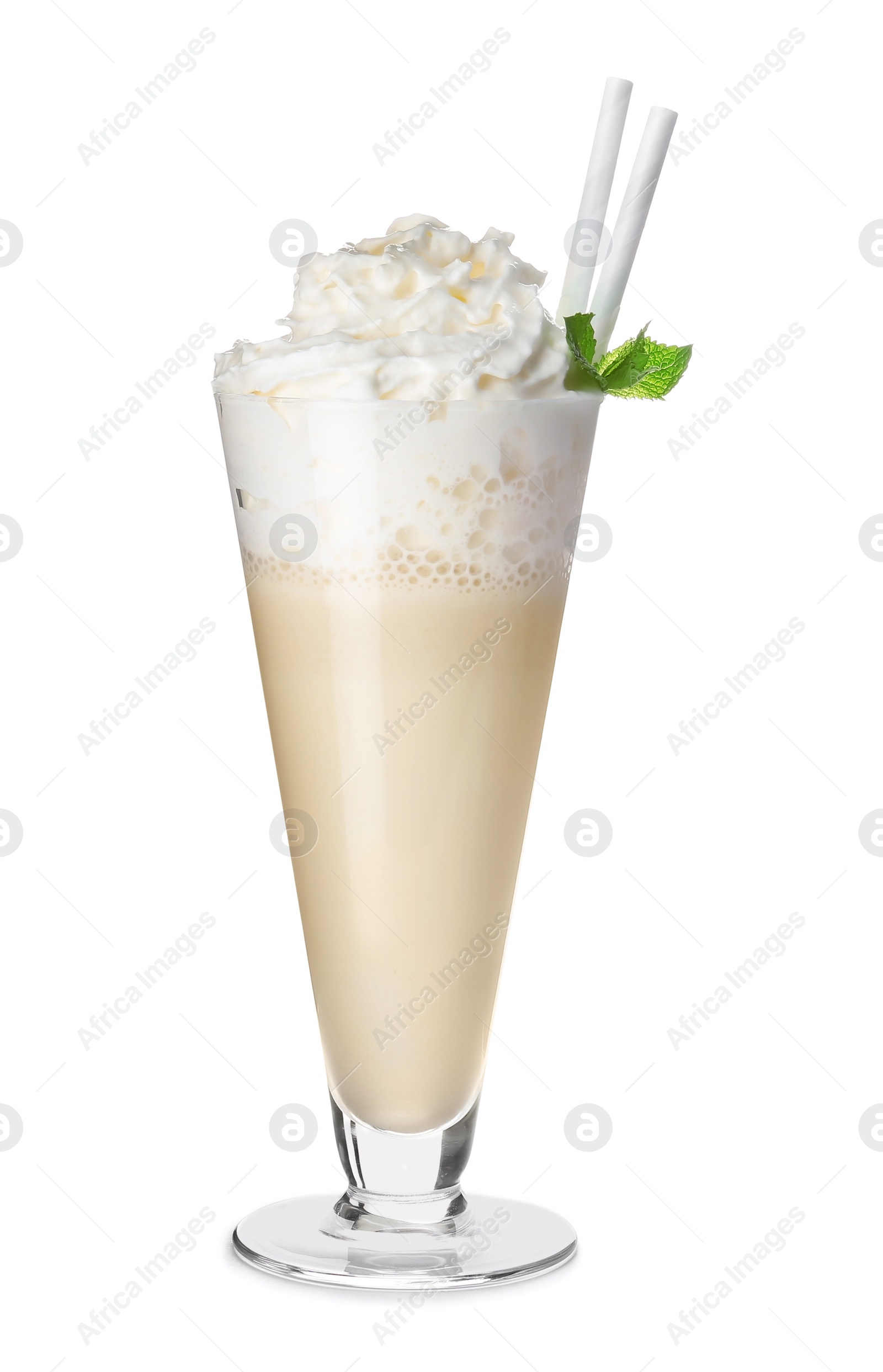 Photo of Glass with delicious milk shake on white background