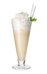 Photo of Glass with delicious milk shake on white background