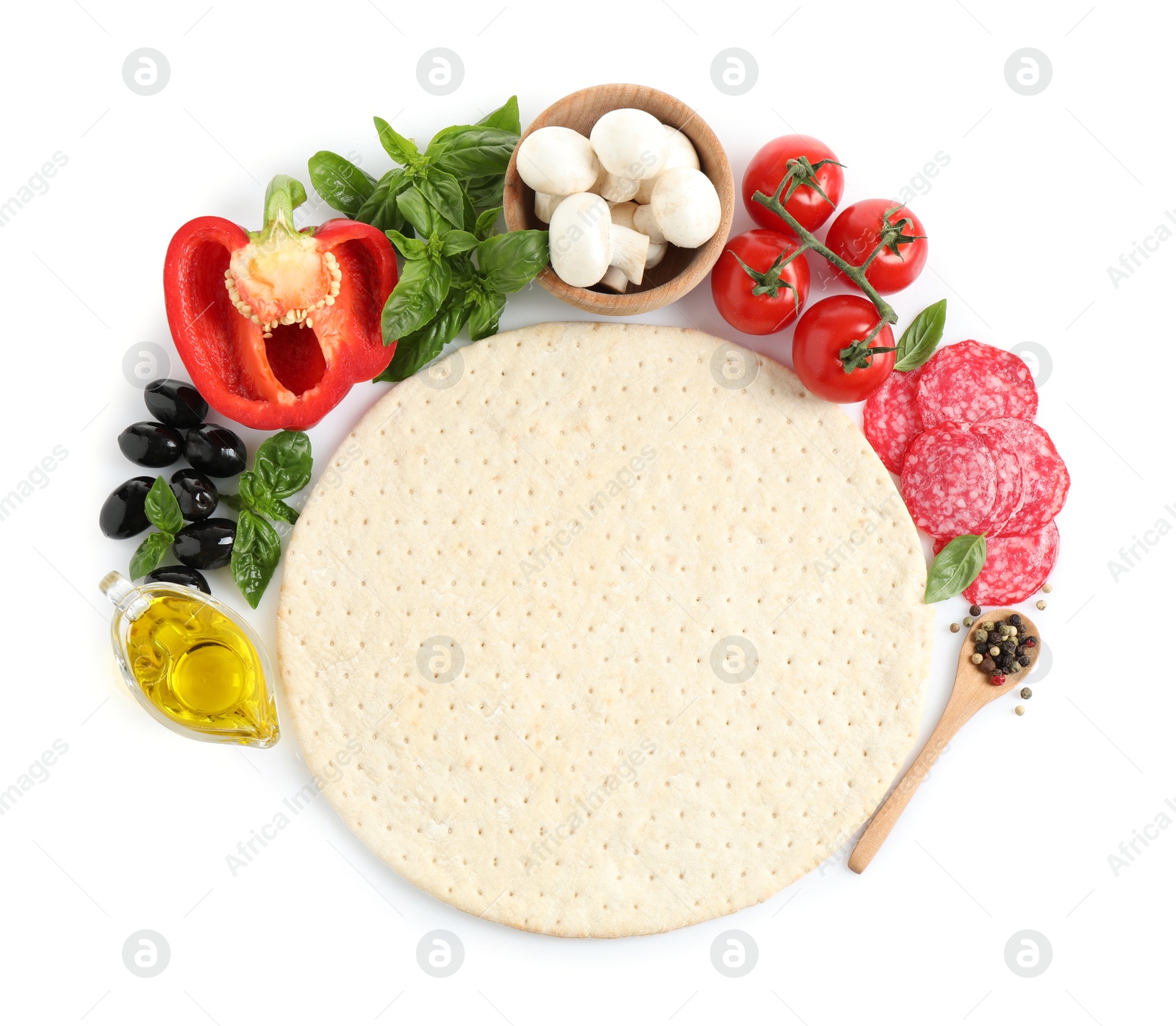 Photo of Composition with pizza crust and fresh ingredients on white background, top view