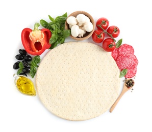 Composition with pizza crust and fresh ingredients on white background, top view