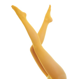 Photo of Woman wearing yellow tights on white background, closeup of legs