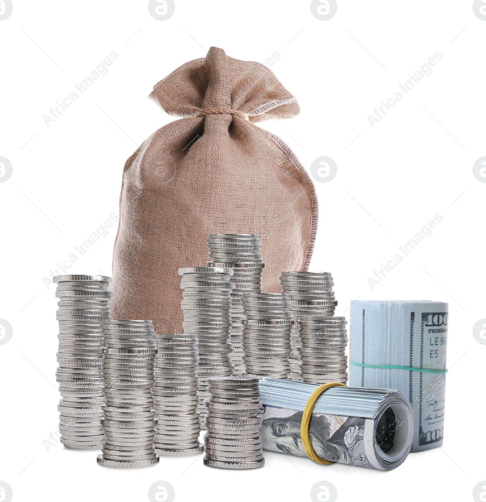 Image of Stacked coins, dollar banknotes and sack full of money on white background