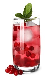 Photo of Tasty cranberry cocktail with ice cubes and mint in glass isolated on white