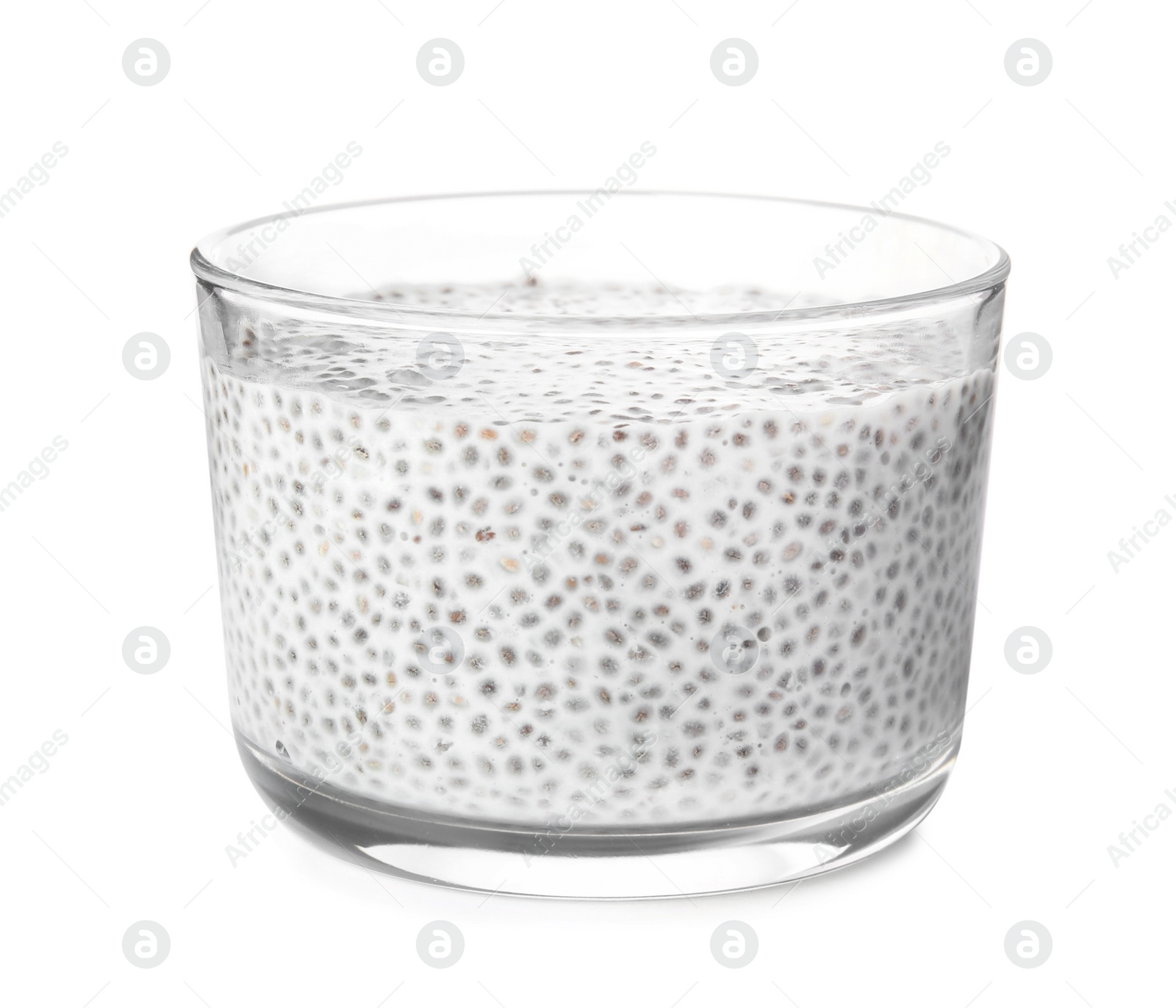 Photo of Dessert bowl of tasty chia seed pudding isolated on white