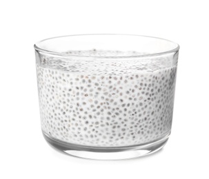 Photo of Dessert bowl of tasty chia seed pudding isolated on white