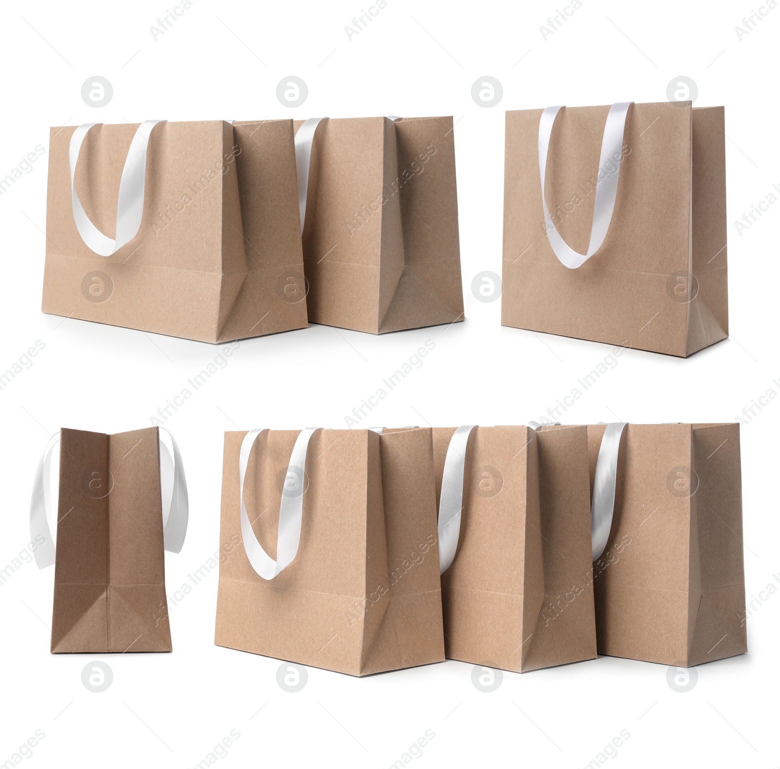 Image of Set with kraft paper shopping bags on white background