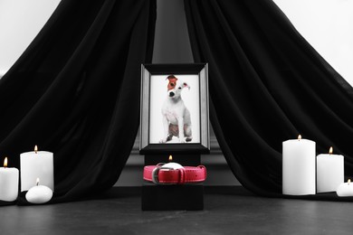 Photo of Frame with picture of dog, collar and burning candles on grey table. Pet funeral