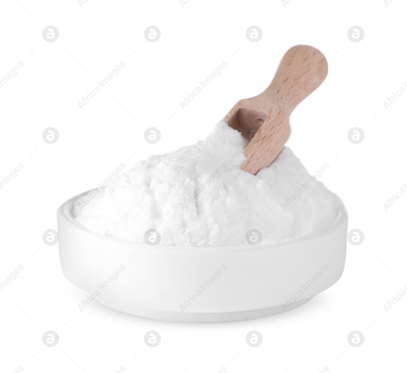Photo of Bowl with sweet fructose powder and scoop isolated on white