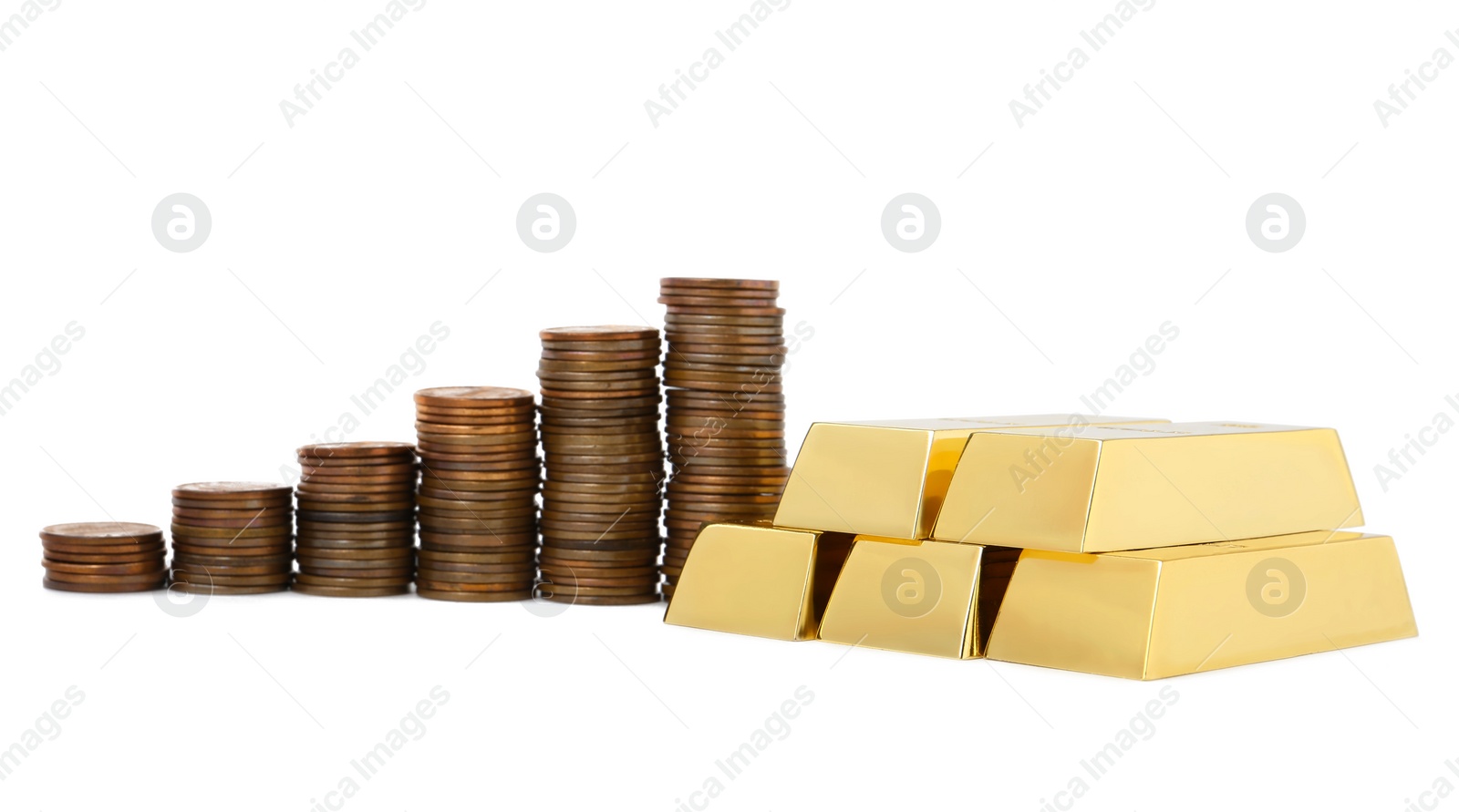 Photo of Shiny gold bars and coins on white background