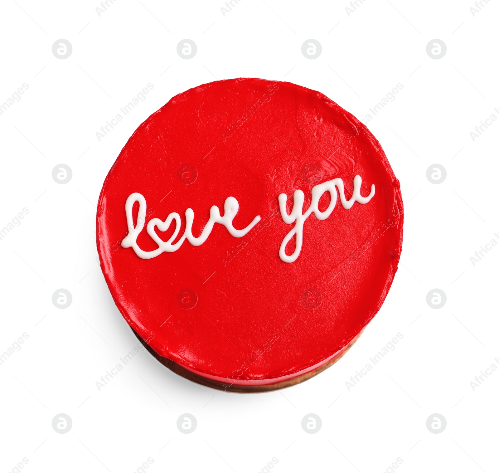 Photo of Bento cake with text Love You isolated on white, top view. St. Valentine's day surprise