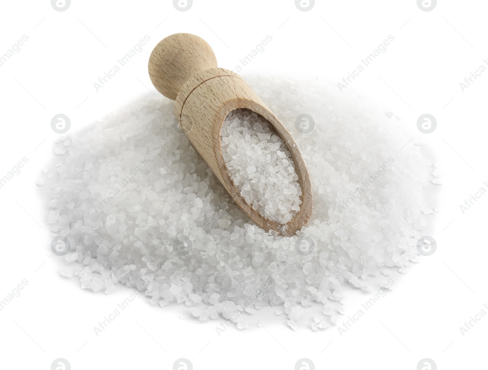 Photo of Natural salt and wooden scoop isolated on white