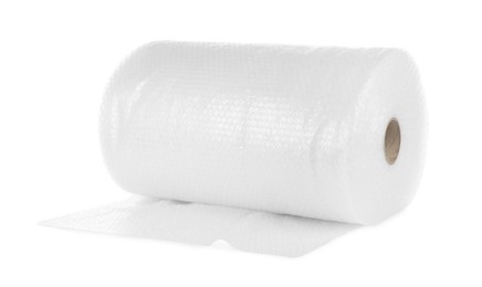 Photo of Transparent bubble wrap roll isolated on white